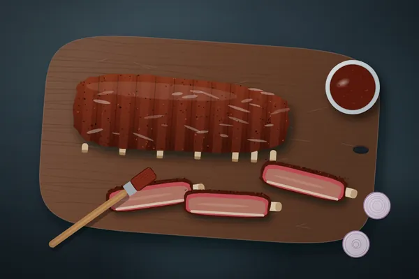 A glazed rack of smoked St. Louis spare ribs with cut ribs showing a pink smoke ring, sauce and a basting brush