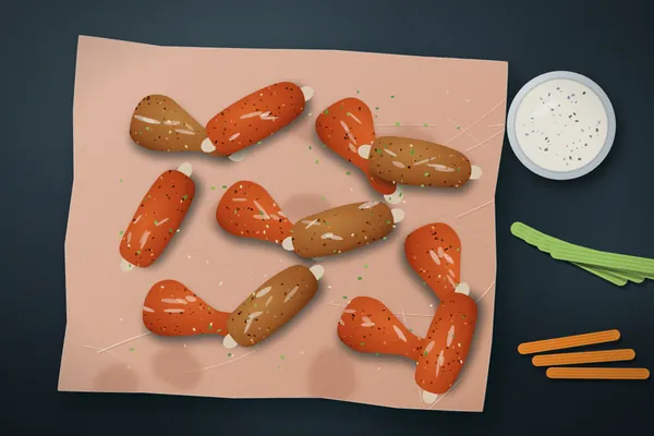 Crispy smoked chicken wings in buffalo sauce and dry rub on butcher paper with celery, carrots and blue cheese dip