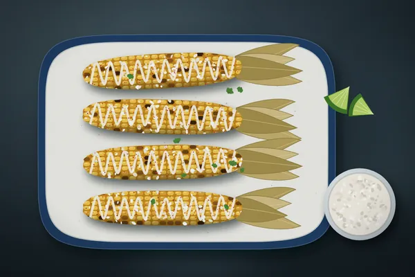 Grilled Mexican street corn with crema, cotija cheese, chili powder and cilantro, with lime wedges