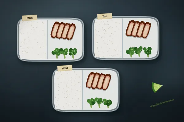Three meal-prep containers labeled Mon, Tue and Wed with sliced smoked chicken thighs, rice and broccoli