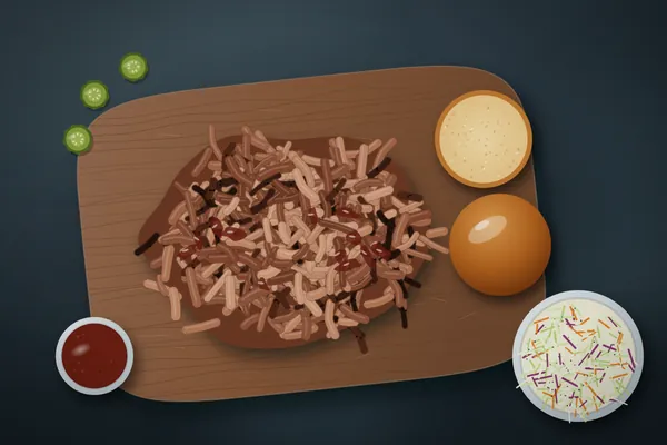 A pile of smoked pulled pork on a wooden board with brioche buns, coleslaw and barbecue sauce