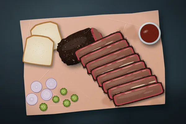Sliced Texas-style smoked brisket with dark peppery bark and a pink smoke ring, served on pink butcher paper with white bread, pickles and onions